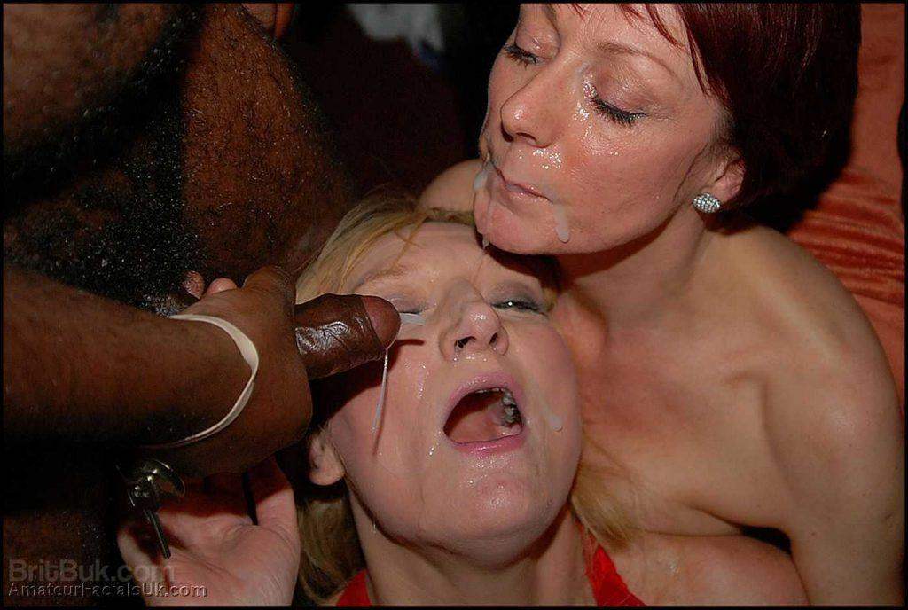 TWO BRITISH MILFS PLASTERED WITH CUM IN A BUKKAKE PARTY.